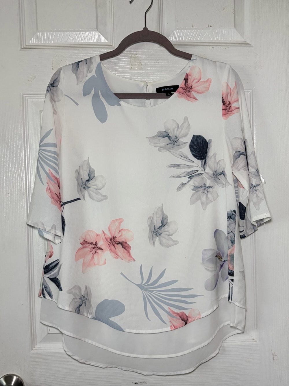 Saks Fifth Avenue White Floral Chiffon Blouse with Pink & Gray Blooms